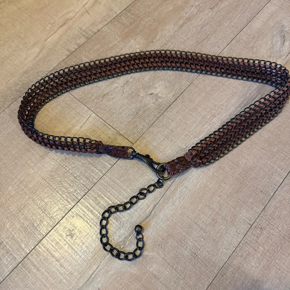 VTG brown leather brass Chain Belt hook closure estimated S M boho western